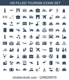 100 tourism icons. Trendy tourism icons white background. Included filled icons such as camera case, lugagge weight, mountain, Eiffel Tower, distance. tourism icon for web and mobile.