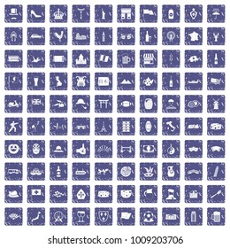 100 tourist attractions icons set in grunge style sapphire color isolated on white background vector illustration