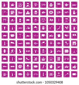 100 tourist attractions icons set in grunge style pink color isolated on white background vector illustration