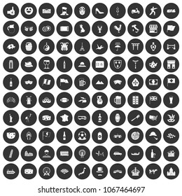100 tourist attractions icons set in simple style white on black circle color isolated on white background vector illustration