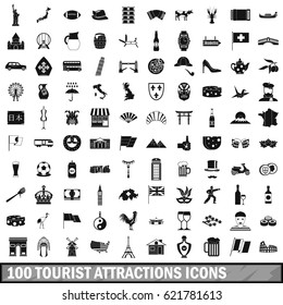 100 tourist attractions icons set in simple style for any design vector illustration