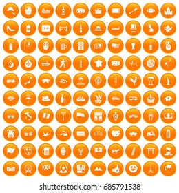 100 tourist attractions icons set in orange circle isolated on white vector illustration