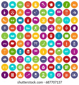 100 tourist attractions icons set in different colors circle isolated vector illustration