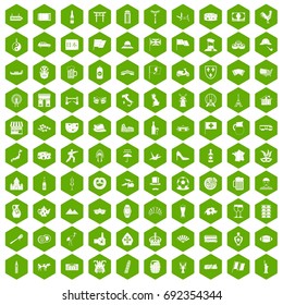 100 tourist attractions icons set in green hexagon isolated vector illustration