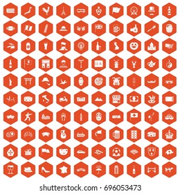 100 tourist attractions icons set in orange hexagon isolated vector illustration