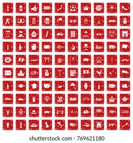 100 tourist attractions icons set in grunge style red color isolated on white background vector illustration