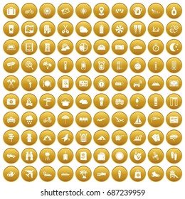 100 tourist trip icons set in gold circle isolated on white vectr illustration