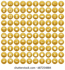 100 tourist trip icons set in gold circle isolated on white vectr illustration