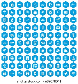 100 tourist trip icons set in blue hexagon isolated vector illustration