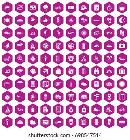 100 tourist trip icons set in violet hexagon isolated vector illustration