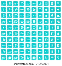 100 tourist trip icons set in grunge style blue color isolated on white background vector illustration