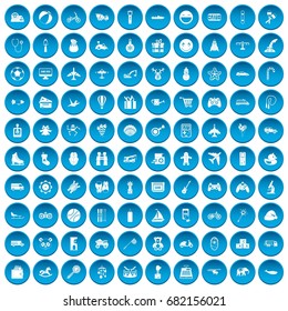 100 toys for kids icons set in blue circle isolated on white vector illustration