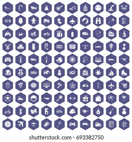 100 toys for kids icons set in purple hexagon isolated vector illustration