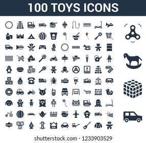 100 Toys universal icons set with Car toy, Thinking game Rocking horse Spinner Plane Puppy Guitar Digger Bouncy castle toy