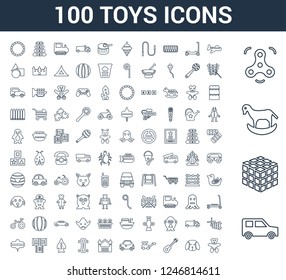 100 Toys universal linear icons set with Car toy, Thinking game Rocking horse Spinner Plane Puppy Guitar Digger Bouncy castle toy