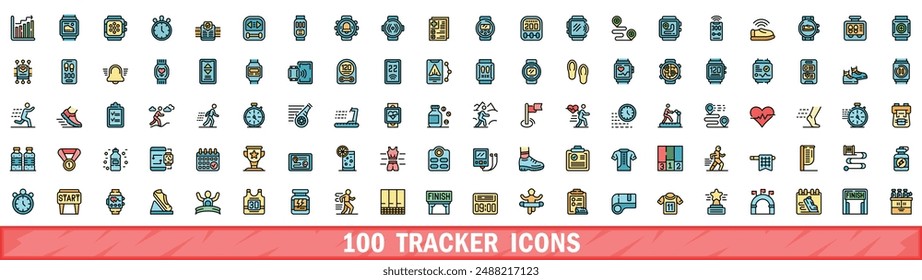 Conjunto de 100 iconos de rastreador. Conjunto de línea de color de iconos vectoriales de rastreador línea fina de color plana en blanco