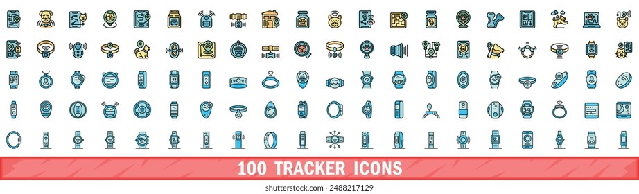 100 tracker icons set. Color line set of tracker vector icons thin line color flat on white