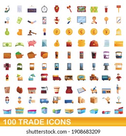 100 Handelssymbole gesetzt. Cartoon-Illustration von 100 Handelssymbole, Vektorgrafik einzeln auf weißem Hintergrund