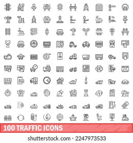 100 iconos de tráfico establecidos. Ilustración de esquema de 100 iconos de tráfico conjunto de vectores aislados en fondo blanco