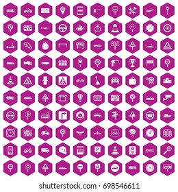 100 traffic icons set in violet hexagon isolated vector illustration
