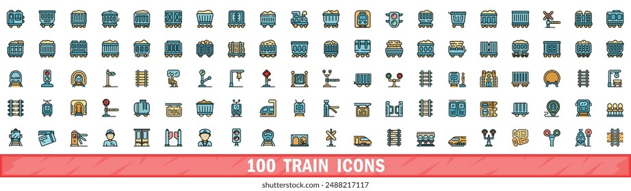 100 train icons set. Color line set of train vector icons thin line color flat on white