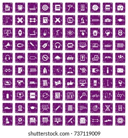 100 training icons set in grunge style purple color isolated on white background vector illustration