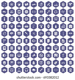 100 training icons set in purple hexagon isolated vector illustration