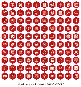 100 training icons set in red hexagon isolated vector illustration