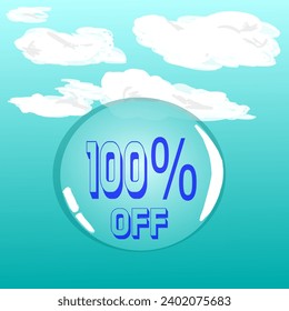 100% transparent soap bubble in blue sky for discount and promotion, blue and white colors