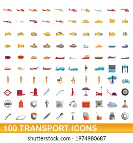 100 transport icons set. Cartoon illustration of 100 transport icons vector set isolated on white background