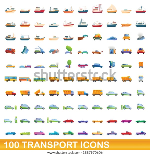 100 transport\
icons set. Cartoon illustration of 100 transport icons vector set\
isolated on white\
background