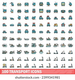 100 iconos de transporte. Conjunto de líneas de color de los iconos del vector de transporte color de línea delgada plano sobre blanco