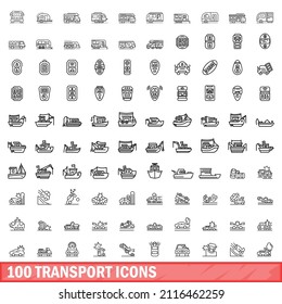 100 transport icons set. Outline illustration of 100 transport icons vector set isolated on white background