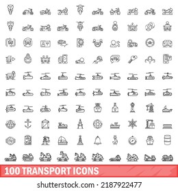 100 iconos de transporte. Ilustración de esquema de 100 iconos de transporte conjunto de vectores aislado en fondo blanco