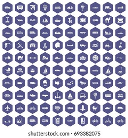 100 transport icons set in purple hexagon isolated vector illustration