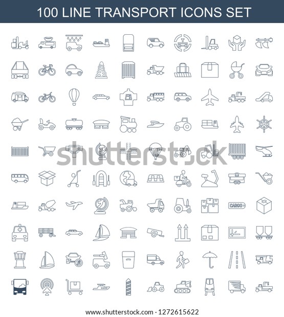 100\
transport icons. Trendy transport icons white background. Included\
line icons such as concrete mixer, shipping truck, train, tractor,\
excavator. transport icon for web and\
mobile.