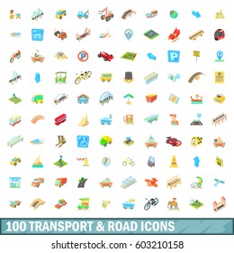 100 transport and road icons set in cartoon style for any design vector illustration
