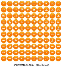 100 transportation icons set in orange circle isolated on white vector illustration