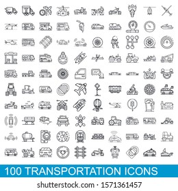 100 transportation icons set. Outline illustration of 100 transportation icons vector set isolated on white background