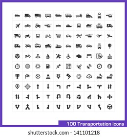 100 transportation icons set. Vector black pictograms for business, industry, navigation, web, internet, computer and mobile apps: car, ship, airplane, helicopter, bicycle, motorcycle, tram symbols