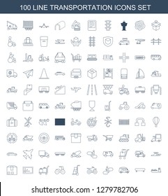 100 transportation icons. Trendy transportation icons white background. Included line icons such as cargo ship, skate, van, escalator up. transportation icon for web and mobile.