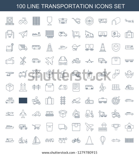 100\
transportation icons. Trendy transportation icons white background.\
Included line icons such as cargo box, cabriolet, air balloon.\
transportation icon for web and\
mobile.