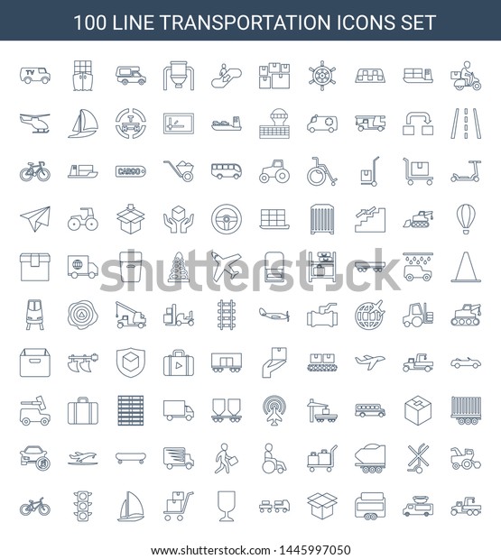 100\
transportation icons. Trendy transportation icons white background.\
Included line icons such as truck with hook, van, trailer, box.\
transportation icon for web and\
mobile.