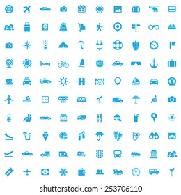 100 travel icons, blue on white background 