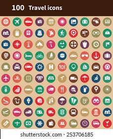 100 travel icons, brown background 