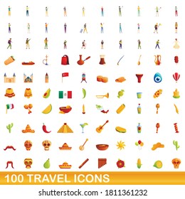 100 travel icons set. Cartoon illustration of 100 travel icons vector set isolated on white background