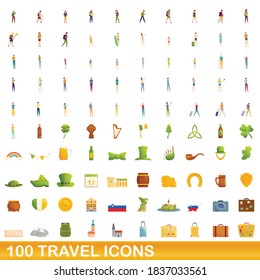 100 travel icons set. Cartoon illustration of 100 travel icons vector set isolated on white background