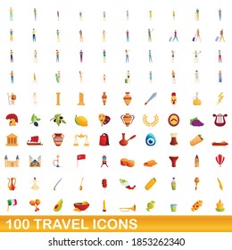 100 travel icons set. Cartoon illustration of 100 travel icons vector set isolated on white background