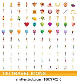100 travel icons set. Cartoon illustration of 100 travel icons vector set isolated on white background
