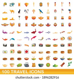 100 travel icons set. Cartoon illustration of 100 travel icons vector set isolated on white background